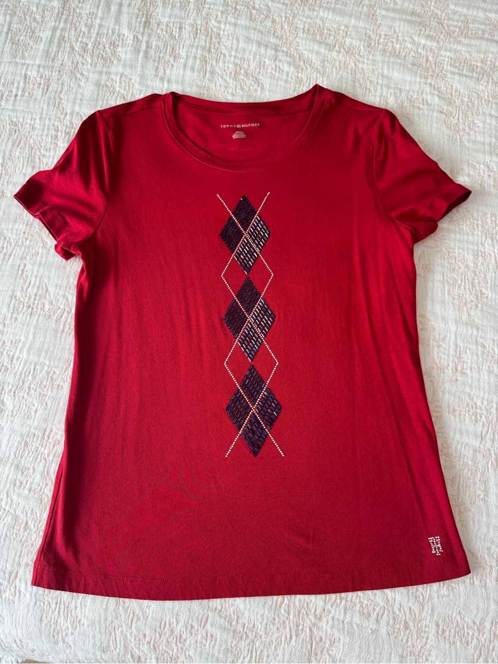 Tommy Hilfiger Red Short-Sleeve Argyle Tee with Navy Embellishment